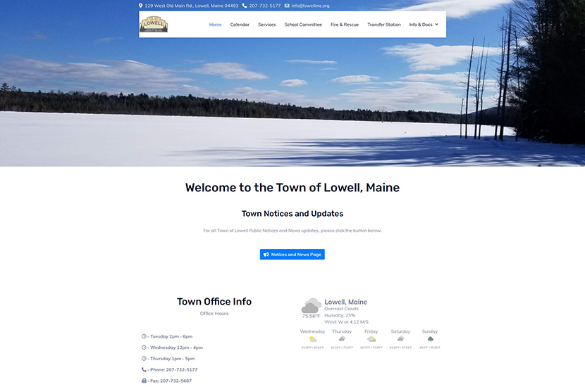 Front page for the Lowell, Maine website